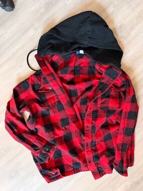 Divided Red and Black Plaid Hooded Jacket